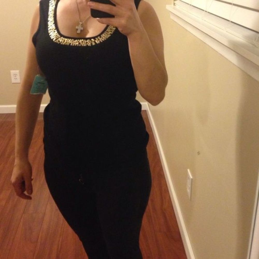 NWT Black top with the rows of gold sequin